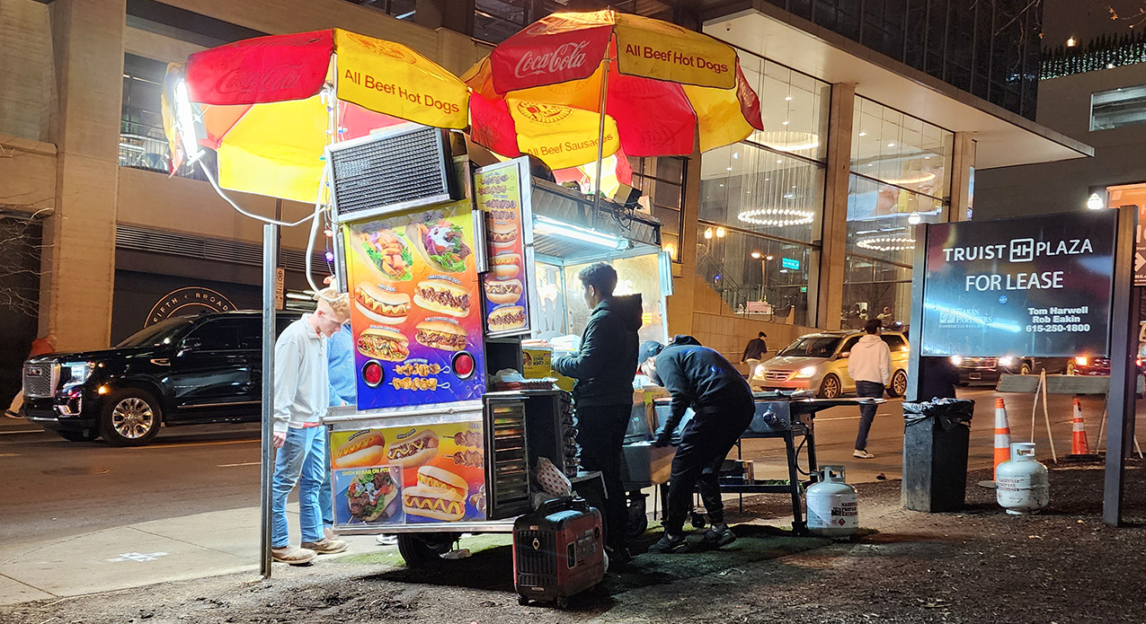 Late-night food spread in downtown Nashville