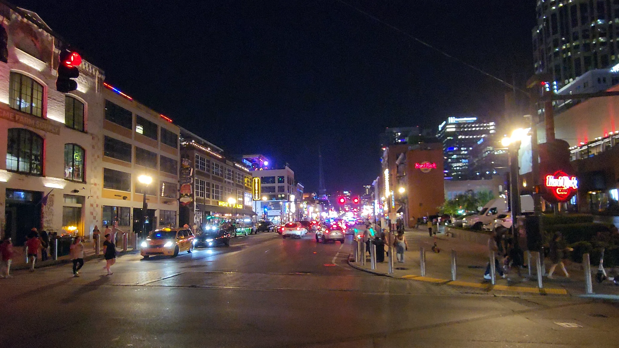 Lower Broadway at night viewed from the river-end area.