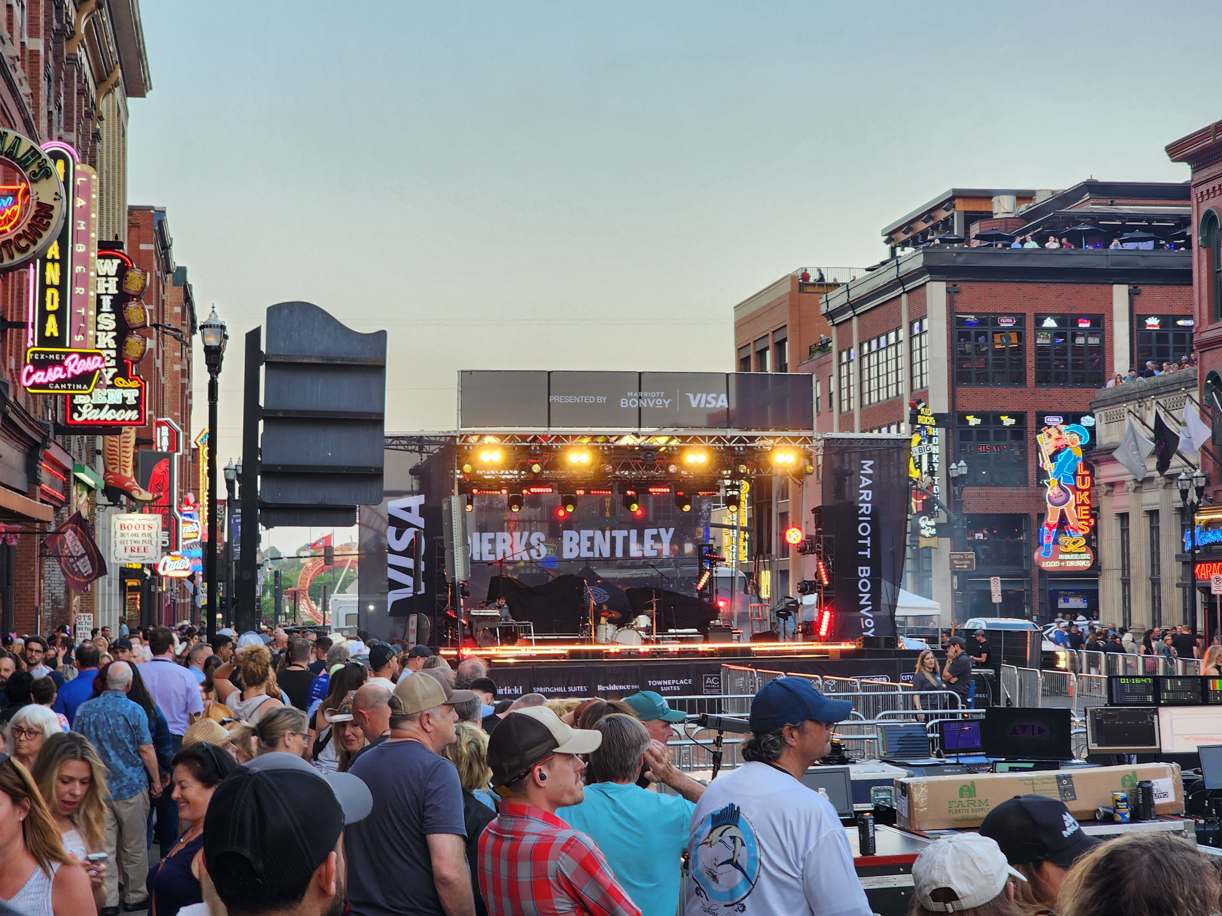 A Dierks Bentley performance stage set up among Lower Broadway bars.