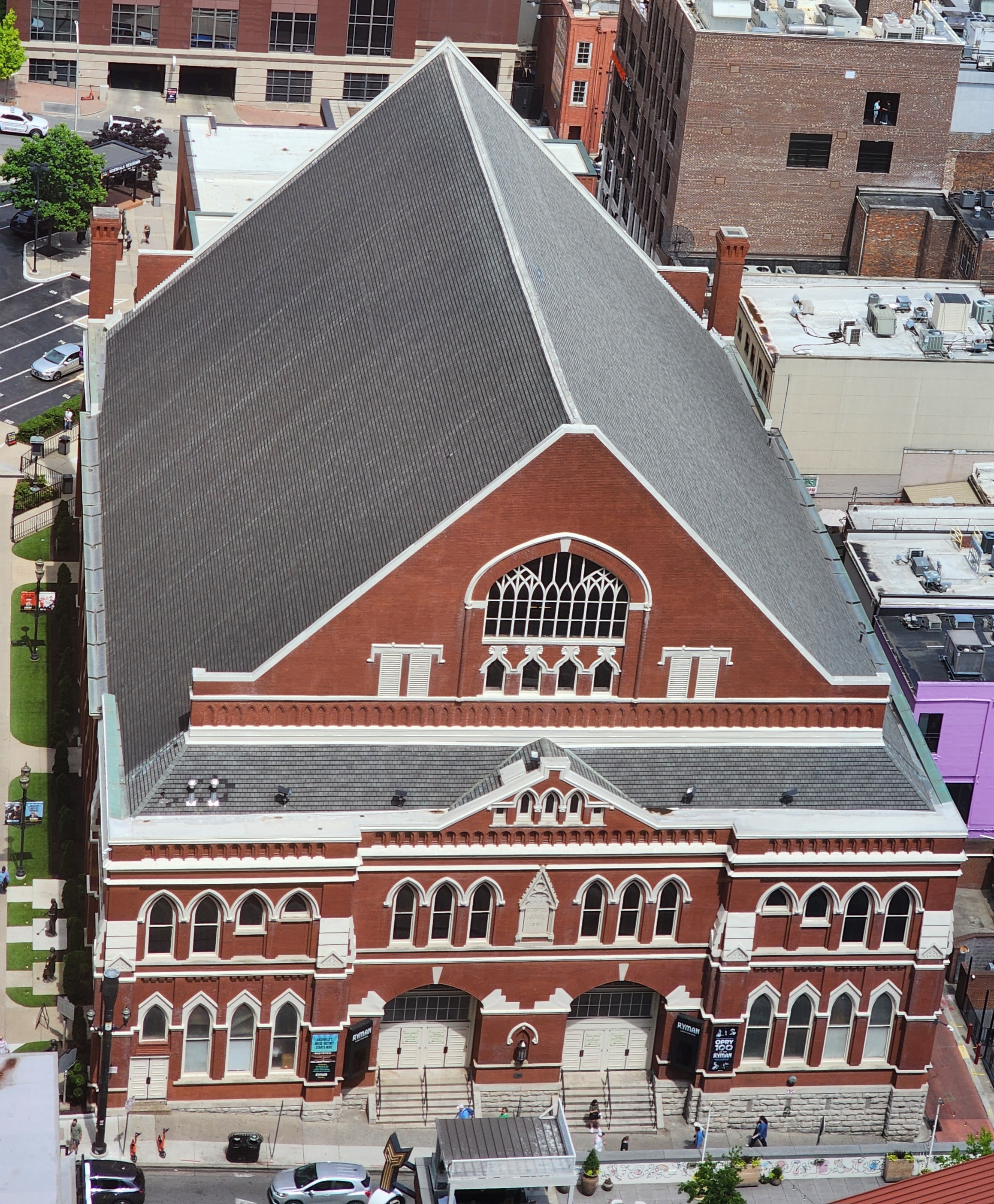 The Ryman Auditorium viewed from above in downtown Nashville.