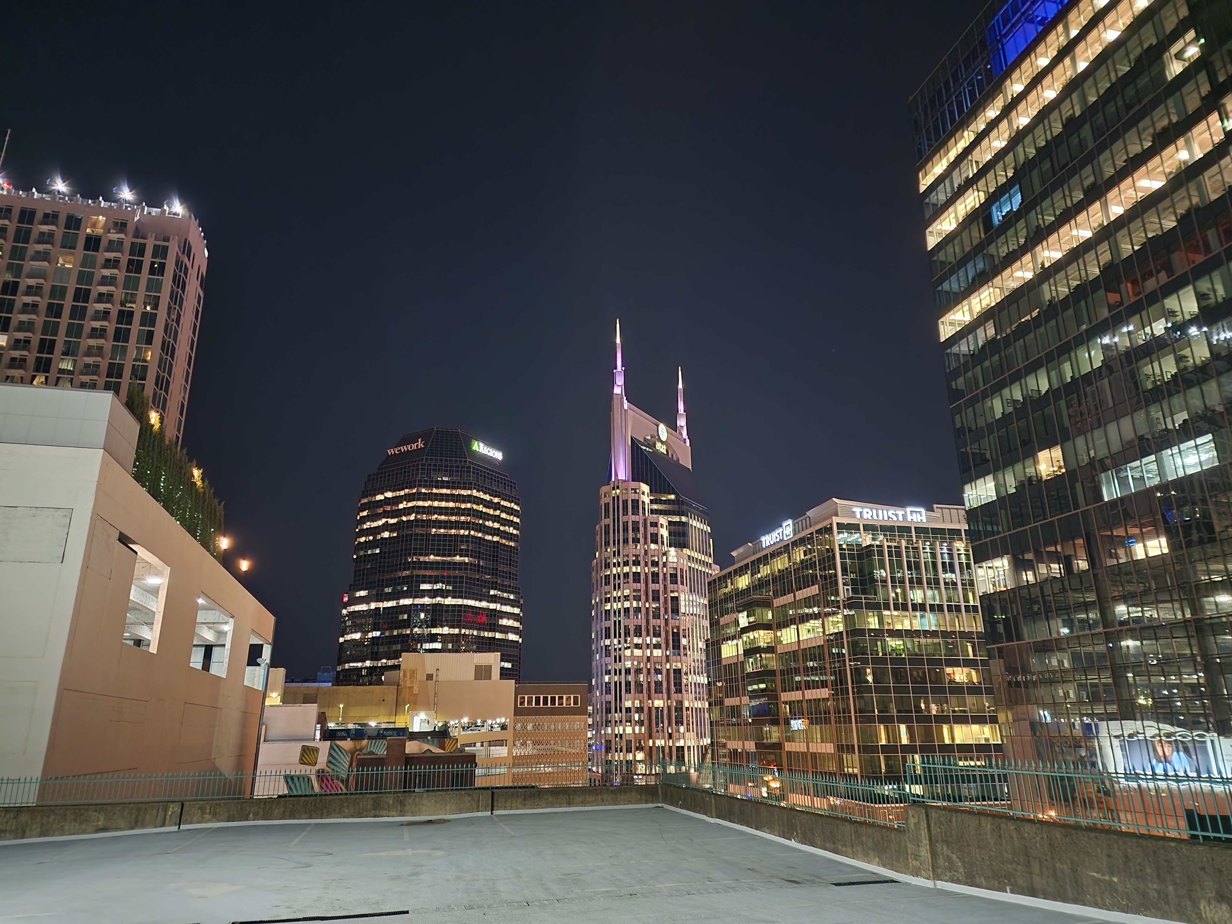The SoBro skyline and AT&T Building in downtown Nashville at night.