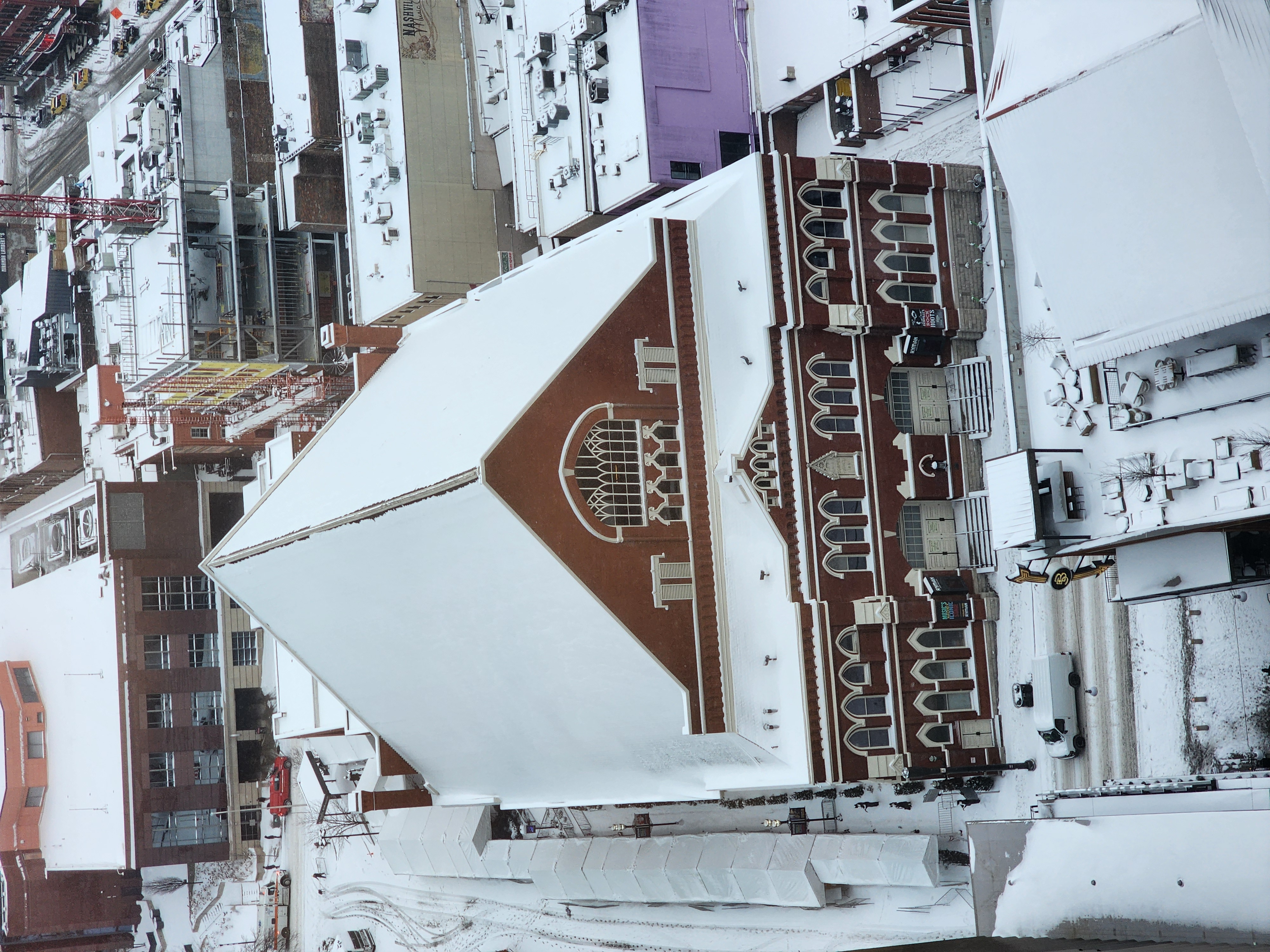 Snow covering the roof of Ryman Auditorium in downtown Nashville.
