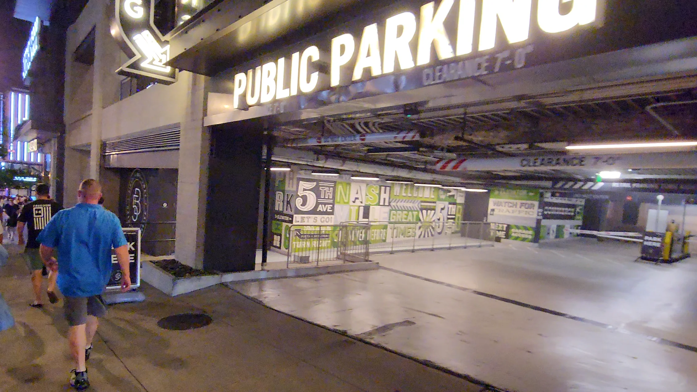 A public parking garage entrance near Lower Broadway in downtown Nashville.